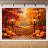 Lofaris Vibrant Autumn Photography Backdrop with Fall Trees, Pumpkins and String Lights, Cozy Wooden Fence for Harvest Season Photoshoot