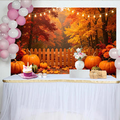 Lofaris Autumn Harvest Photography Backdrop with Pumpkins, Fall Leaves and String Lights, Rustic Wooden Fence Background for Studio Photoshoot