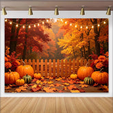 Lofaris Autumn Harvest Photography Backdrop with Pumpkins, Fall Leaves and String Lights, Rustic Wooden Fence Background for Studio Photoshoot