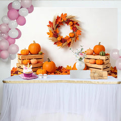 Lofaris Autumn Holiday Backdrop with Pumpkins, Maple Leaves and Wreath, Rustic Fall Photography Background for Seasonal Decor