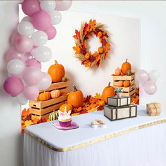 Lofaris Autumn Holiday Backdrop with Pumpkins, Maple Leaves and Wreath, Rustic Fall Photography Background for Seasonal Decor