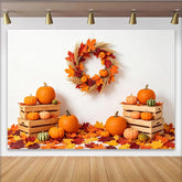 Lofaris Autumn Holiday Backdrop with Pumpkins, Maple Leaves and Wreath, Rustic Fall Photography Background for Seasonal Decor