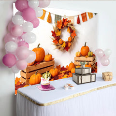 Lofaris Autumn Pumpkin Photography Backdrop for Thanksgiving, Colorful Maple Leaves and Fall Wreath Harvest Decor