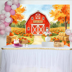Lofaris Watercolor Autumn Pumpkin Patch Backdrop with Red Barn and Fall Trees, Harvest Festival Photography Background for Thanksgiving Decor