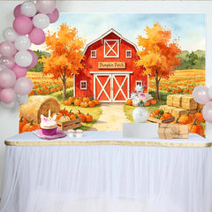 Lofaris Watercolor Autumn Pumpkin Patch Backdrop with Red Barn and Hay Bales, Fall Harvest Photography Background for Halloween Party Decor