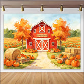 Lofaris Watercolor Autumn Pumpkin Patch Backdrop with Red Barn and Hay Bales, Fall Harvest Photography Background for Halloween Party Decor