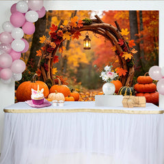 Lofaris Rustic Thanksgiving Photography Backdrop with Pumpkins and Fall Leaves, Enchanting Forest Background for Autumn Party Decor