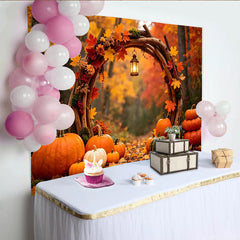 Lofaris Rustic Thanksgiving Photography Backdrop with Pumpkins and Fall Leaves, Enchanting Forest Background for Autumn Party Decor