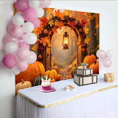 Lofaris Rustic Autumn Backdrop with Fall Leaves, Pumpkins and Lantern, Enchanting Harvest Festival Background for Thanksgiving Decor