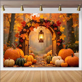 Lofaris Rustic Autumn Backdrop with Fall Leaves, Pumpkins and Lantern, Enchanting Harvest Festival Background for Thanksgiving Decor