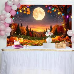 Lofaris Spooky Halloween Backdrop with Full Moon, Pumpkins and Autumn Leaves, Festive Fall Decor for Party Photography