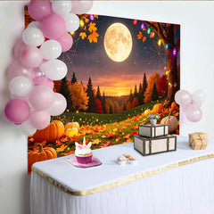 Lofaris Spooky Halloween Backdrop with Full Moon, Pumpkins and Autumn Leaves, Festive Fall Decor for Party Photography