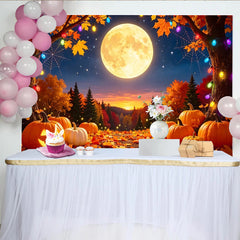 Lofaris Spooky Halloween Pumpkin Full Moon Backdrop with Autumn Leaves, Colorful Lights and Spider Web Background for Fall Party Decor