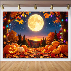 Lofaris Spooky Halloween Pumpkin Full Moon Backdrop with Autumn Leaves, Colorful Lights and Spider Web Background for Fall Party Decor