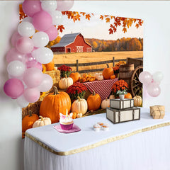 Lofaris Rustic Red Barn Autumn Harvest Backdrop, Pumpkins and Fall Leaves, Farmhouse Photo Background for Fall Party Decor
