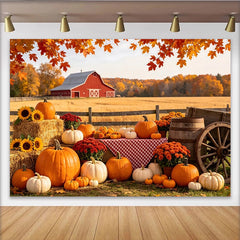Lofaris Rustic Red Barn Autumn Harvest Backdrop, Pumpkins and Fall Leaves, Farmhouse Photo Background for Fall Party Decor