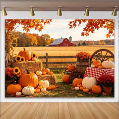 Lofaris Vibrant Autumn Harvest Backdrop with Pumpkins and Hay Bales, Rustic Farm Photography Background for Fall Festival Decor