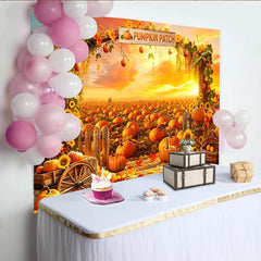 Lofaris Vibrant Pumpkin Patch Holiday Backdrop with Sunset Sky and Autumn Leaves, Rustic Farm Harvest Background for Fall Festival Photography