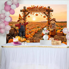 Lofaris Autumn Pumpkin Patch Backdrop with Scarecrows and Sunset, Fall Harvest Photography Background for Party Decor