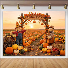 Lofaris Autumn Pumpkin Patch Backdrop with Scarecrows and Sunset, Fall Harvest Photography Background for Party Decor