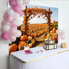 Lofaris Rustic Autumn Pumpkin Patch Backdrop with Wooden Arch and Sunflowers, Vibrant Fall Harvest Background for Thanksgiving Party Decor