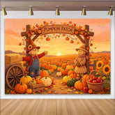 Lofaris Autumn Pumpkin Patch Holiday Backdrop with Scarecrows and Fall Leaves, Sunset Farm Background for Thanksgiving Party Decor