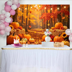 Lofaris Autumn Forest Holiday Backdrop with Pumpkins and Hay Bales, Vibrant Fall Harvest Photography Background for Thanksgiving Decor