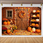 Lofaris Rustic Barn Autumn Photography Backdrop with Pumpkins and Fall Leaves, Harvest Festival Background for Studio Photoshoot