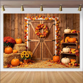 Lofaris Rustic Barn Door Autumn Photography Backdrop with Pumpkins and Hay, Vibrant Fall Harvest Background for Studio Photoshoot