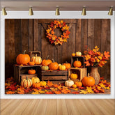 Lofaris Rustic Wood Thanksgiving Backdrop with Pumpkins and Autumn Leaves, Fall Harvest Barn Door Background for Photography