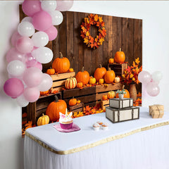 Lofaris Rustic Wood Autumn Harvest Holiday Backdrop with Pumpkins and Leaves, Festive Fall Decor Background for Thanksgiving