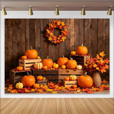 Lofaris Rustic Wood Autumn Harvest Holiday Backdrop with Pumpkins and Leaves, Festive Fall Decor Background for Thanksgiving