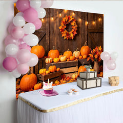 Lofaris Rustic Wood Thanksgiving Backdrop with Pumpkins and Fall Leaves, Warm Autumn Harvest Background for Family Photoshoot and Party Decor