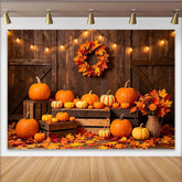 Lofaris Rustic Wood Thanksgiving Backdrop with Pumpkins and Fall Leaves, Warm Autumn Harvest Background for Family Photoshoot and Party Decor