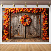 Lofaris Autumn Wooden Barn Photography Backdrop with Maple Leaves, Rustic Fall Foliage Studio Background for Photoshoot