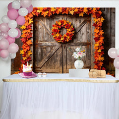 Lofaris Rustic Wood Door Autumn Maple Leaf Photography Backdrop with Wreath, Vibrant Fall Season Photo Background for Studio Photoshoot