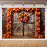 Lofaris Rustic Wood Door Autumn Maple Leaf Photography Backdrop with Wreath, Vibrant Fall Season Photo Background for Studio Photoshoot