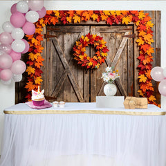 Lofaris Rustic Wooden Barn Door Autumn Backdrop with Maple Leaves, Fall Photography Background for Studio Photoshoot