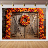 Lofaris Rustic Wooden Barn Door Autumn Backdrop with Maple Leaves, Fall Photography Background for Studio Photoshoot