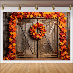 Lofaris Rustic Wooden Barn Door Autumn Backdrop with Maple Leaves, Fall Photography Background for Studio Photoshoot
