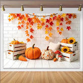Lofaris Rustic Autumn Photography Backdrop with Fall Leaves, Pumpkins and Sunflowers, Cozy Studio Background for Seasonal Photoshoot