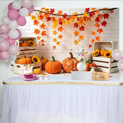 Lofaris Rustic Autumn Photography Backdrop with Maple Leaves and Pumpkins, White Brick Wall Studio Background for Fall Photoshoot
