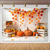 Lofaris Rustic Autumn Photography Backdrop with Maple Leaves and Pumpkins, White Brick Wall Studio Background for Fall Photoshoot