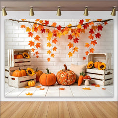 Lofaris Rustic Autumn Photography Backdrop with Maple Leaves and Pumpkins, White Brick Wall Studio Background for Fall Photoshoot