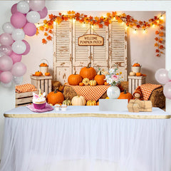 Lofaris Rustic Autumn Pumpkin Patch Photography Backdrop, Distressed Wood Shutters, Hay Bales, and String Lights for Fall Decor