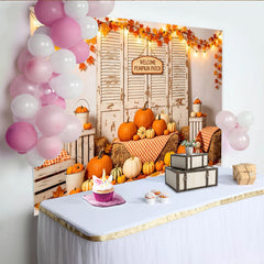 Lofaris Rustic Autumn Pumpkin Patch Photography Backdrop, Distressed Wood Shutters, Hay Bales, and String Lights for Fall Decor
