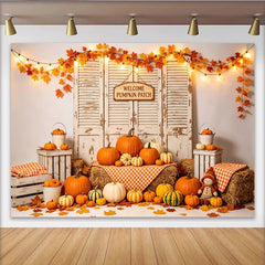 Lofaris Rustic Autumn Pumpkin Patch Photography Backdrop, Distressed Wood Shutters, Hay Bales, and String Lights for Fall Decor