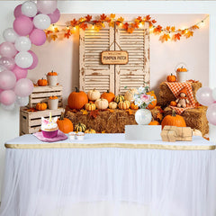 Lofaris Rustic Autumn Pumpkin Patch Holiday Backdrop with Hay Bales and Colorful Pumpkins, Fall Harvest for Seasonal Decor