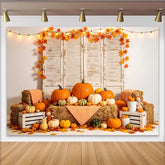 Lofaris Rustic Autumn Harvest Backdrop with Pumpkins and Hay Bales, Fall Leaves Photography Background for Studio Decor