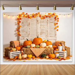 Lofaris Rustic Autumn Harvest Backdrop with Pumpkins and Hay Bales, Fall Leaves Photography Background for Studio Decor